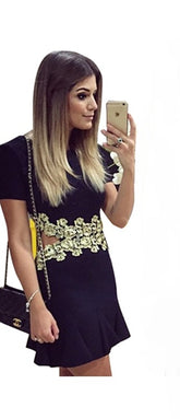 Black Short Sleeves O-neck Sexy Lace Above Knee Lady Skirt